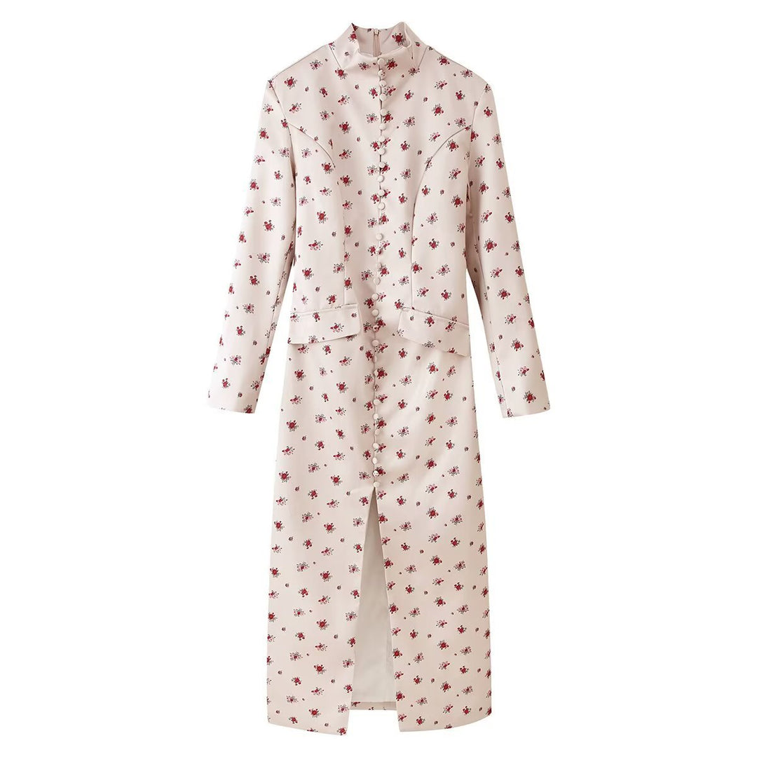 Damen Midikleid mit Stehkragen, floraler Allover‑Print und verdeckter Knopfleiste Drune