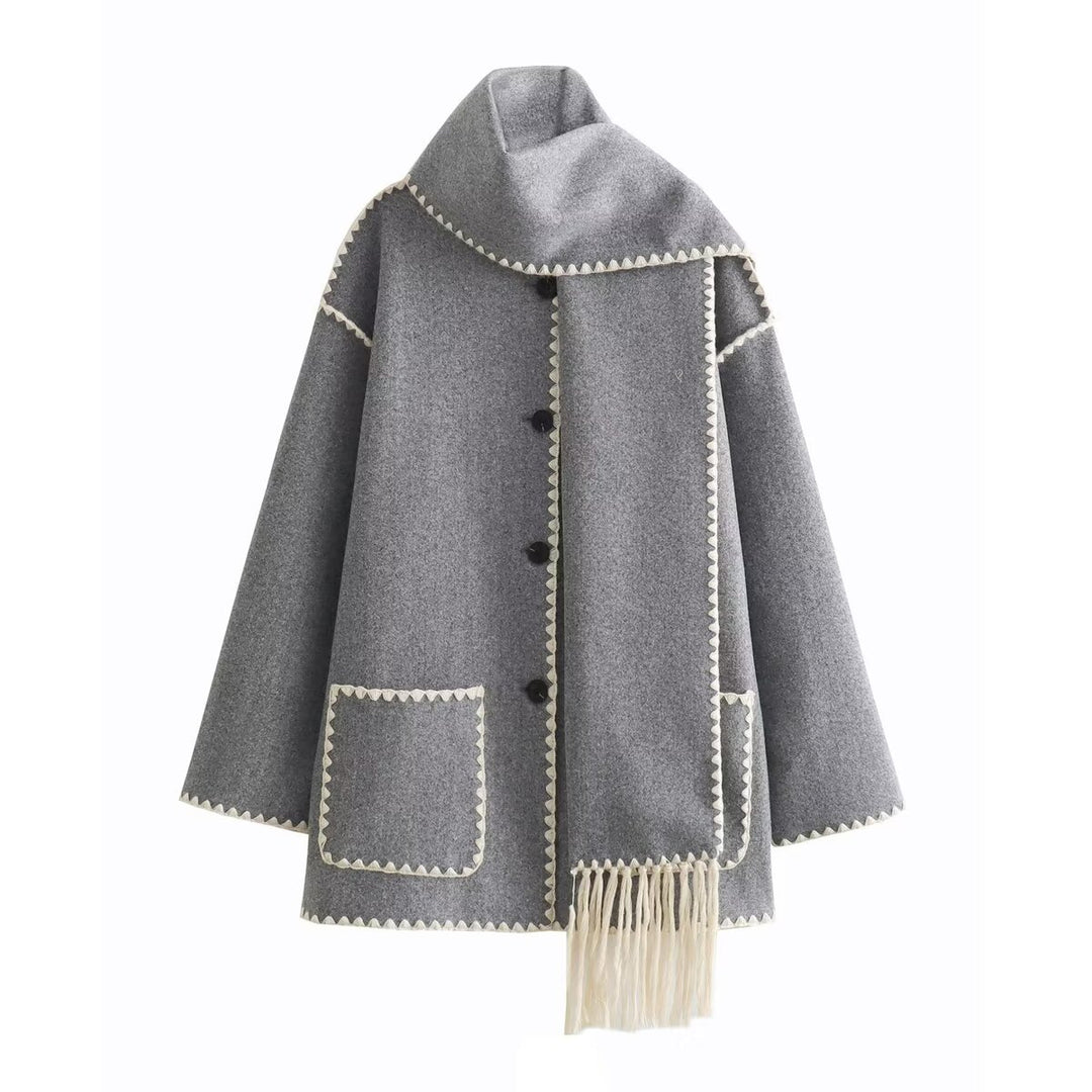 Damen elegante Wolljacke mit dekorativem Fransen-Schal Drune