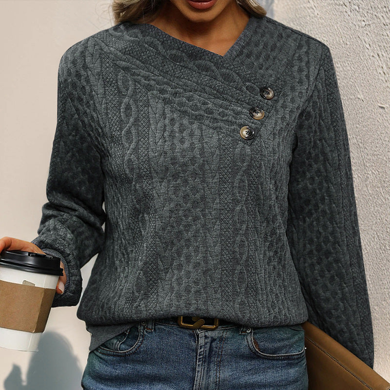 Damen Strukturierter Zopfstrick-Pullover mit asymmetrischer Knopfleiste & Rundhalsausschnitt Drune