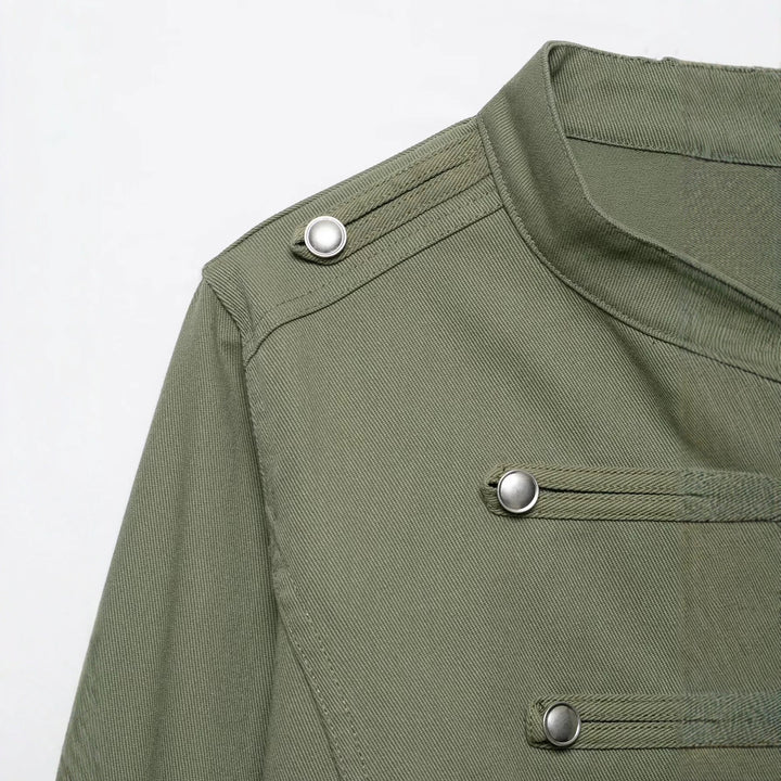 Damen Cropped Offiziersjacke im Military‑Look mit Stehkragen und dekorativen Druckknopfleisten Drune