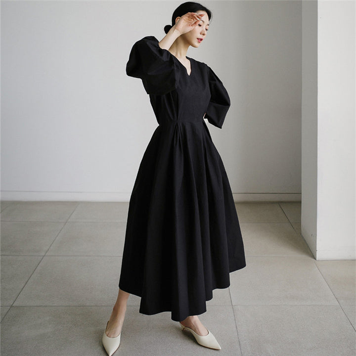 Damen Voluminöses Baumwollmix‑Maxikleid mit Ballonärmeln und gerafften Manschetten Drune