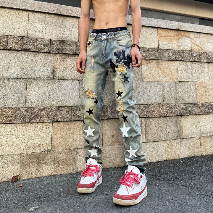Herren Modische Destroyed Jeans mit Sternenapplikationen Drune