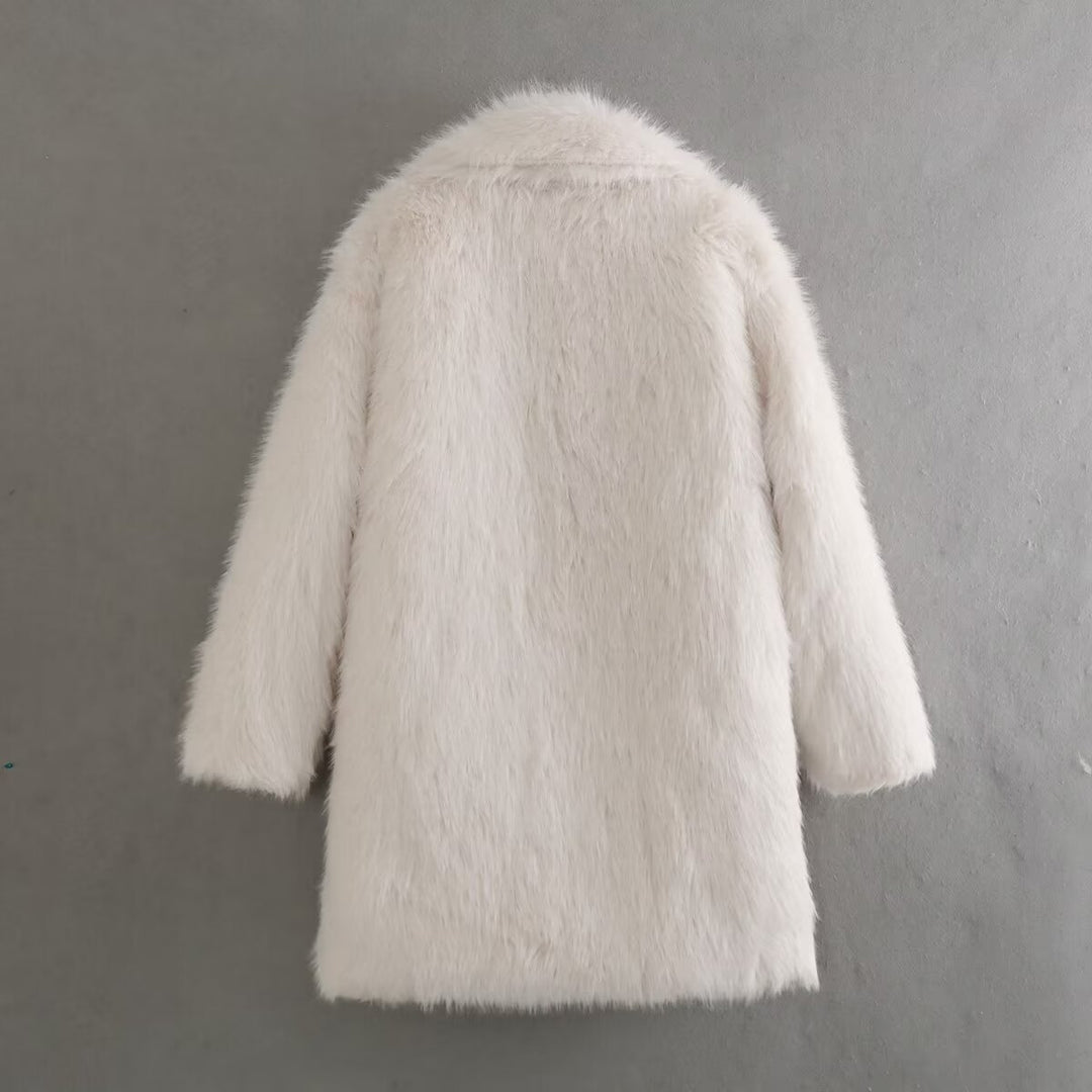 Damen nan luxuriöser Kunstfellmantel mit Schalkragen, mittellanger Silhouette und verdeckten Eingrifftaschen Drune