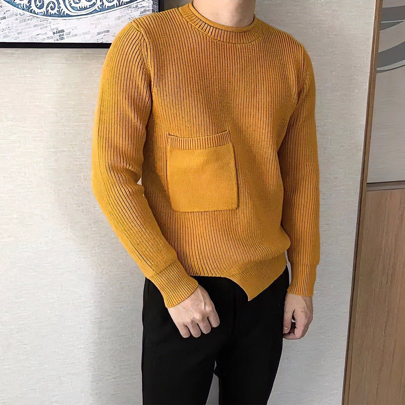 Herren Grobgerippter Rundhalspullover mit aufgesetzter Brusttasche Drune