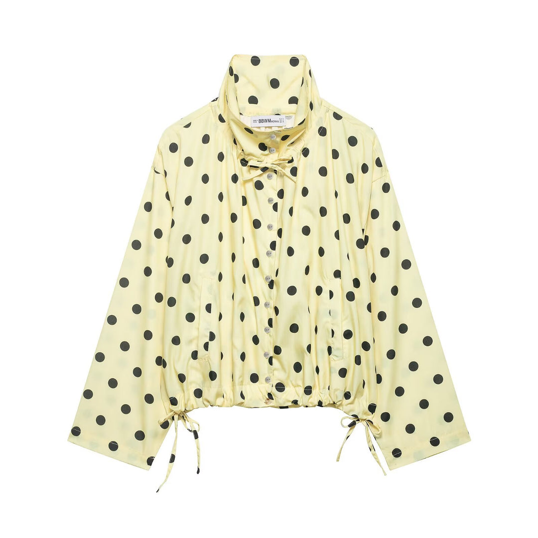 Damen Leichte Oversize-Polka-Dot Windjacke mit Stehkragen, Knopfleiste und Kordelzug Drune