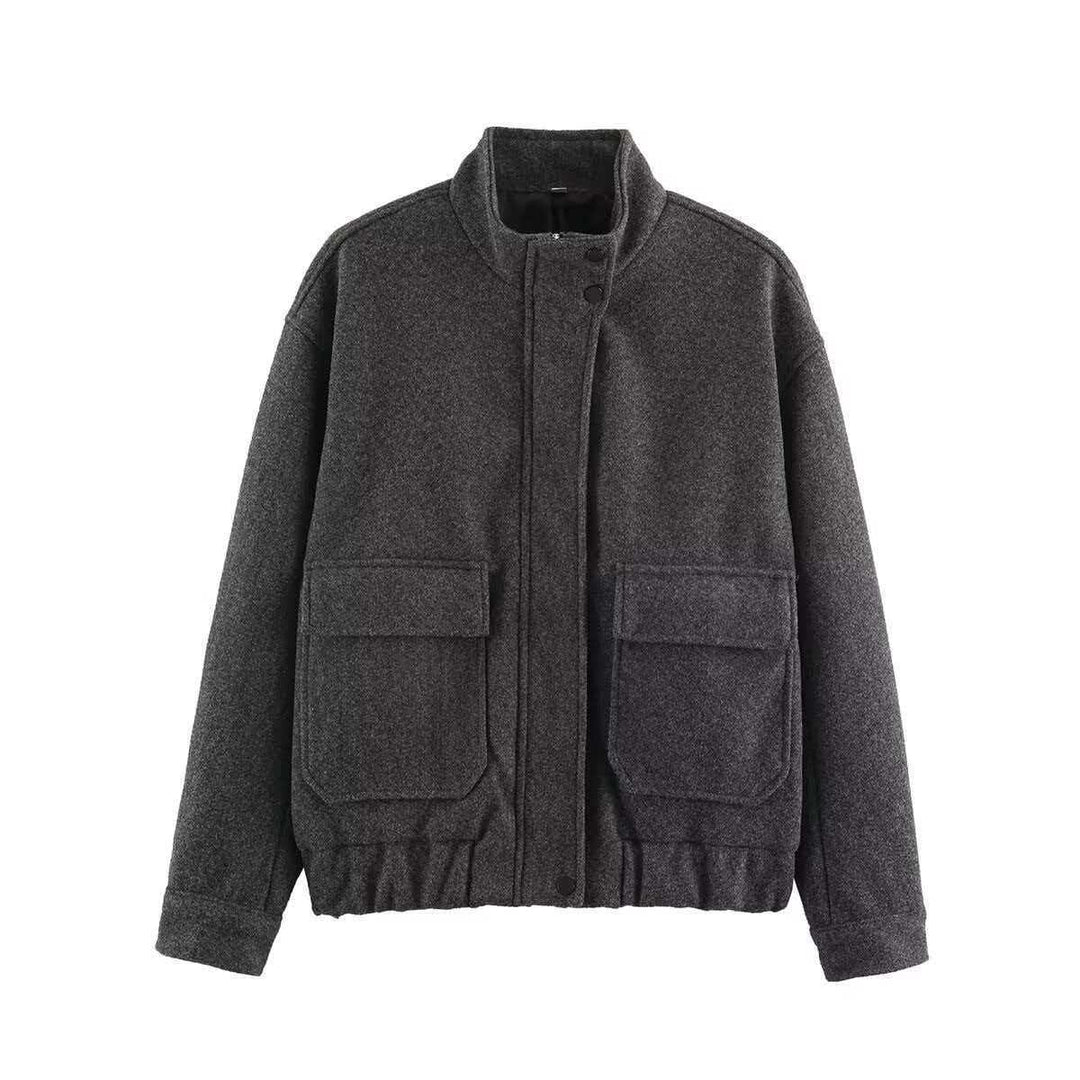 Damen Kurzblouson aus Wollmix im Utility‑Look mit Stehkragen, Klappentaschen und elastischem Saum Drune