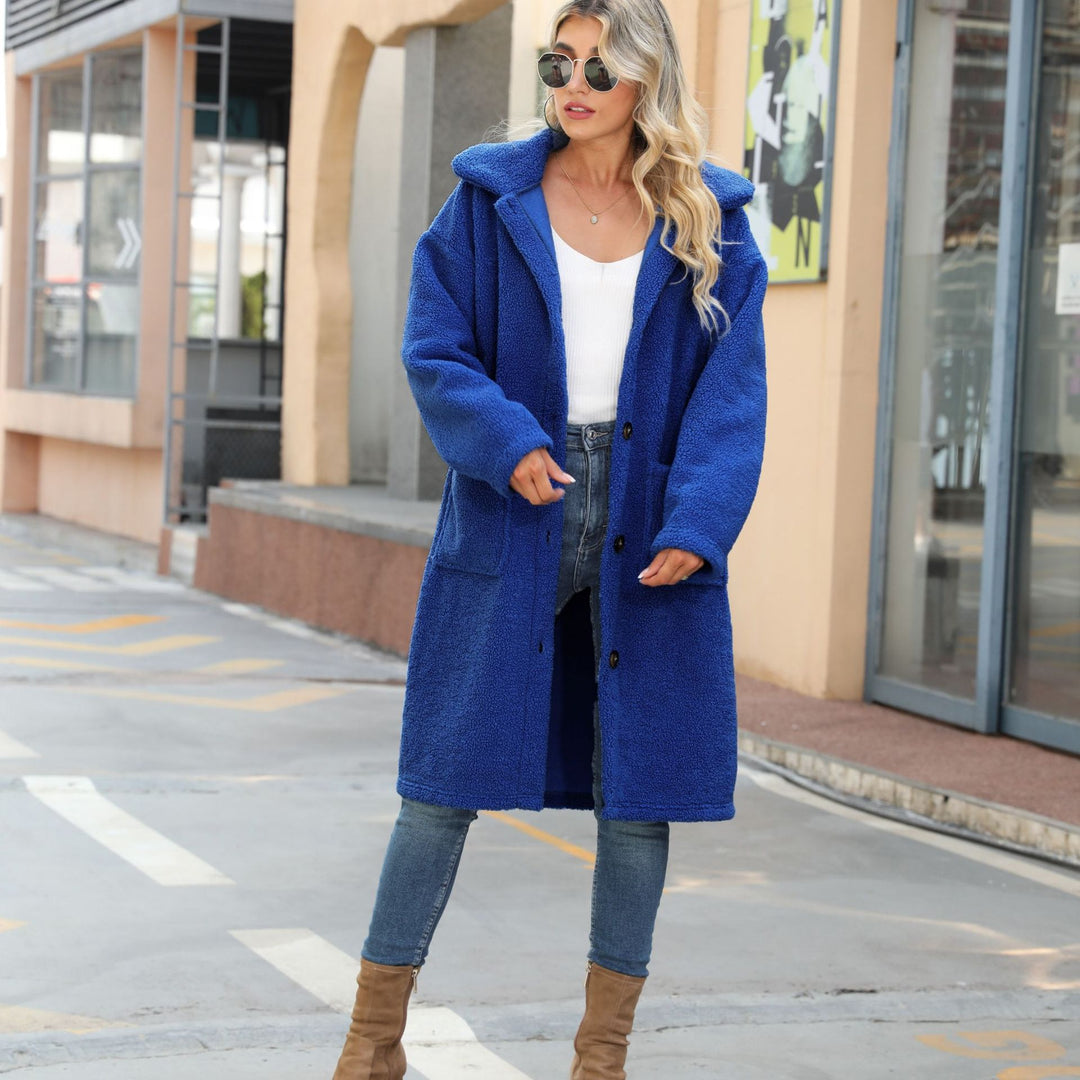 Damen Flauschiger Fleece-Mantel mit großen aufgesetzten Taschen und Knopfdetails Drune