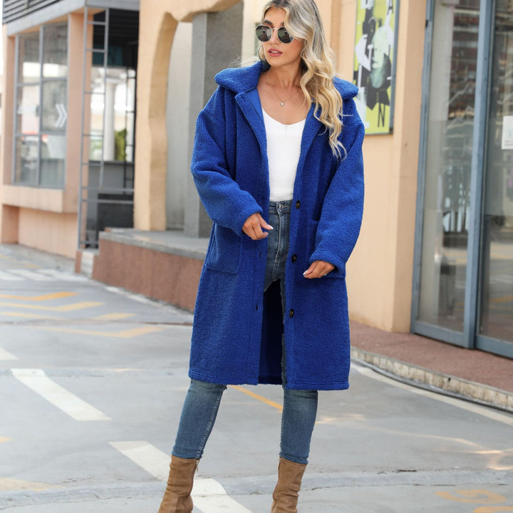 Damen Flauschiger Fleece-Mantel mit großen aufgesetzten Taschen und Knopfdetails Drune