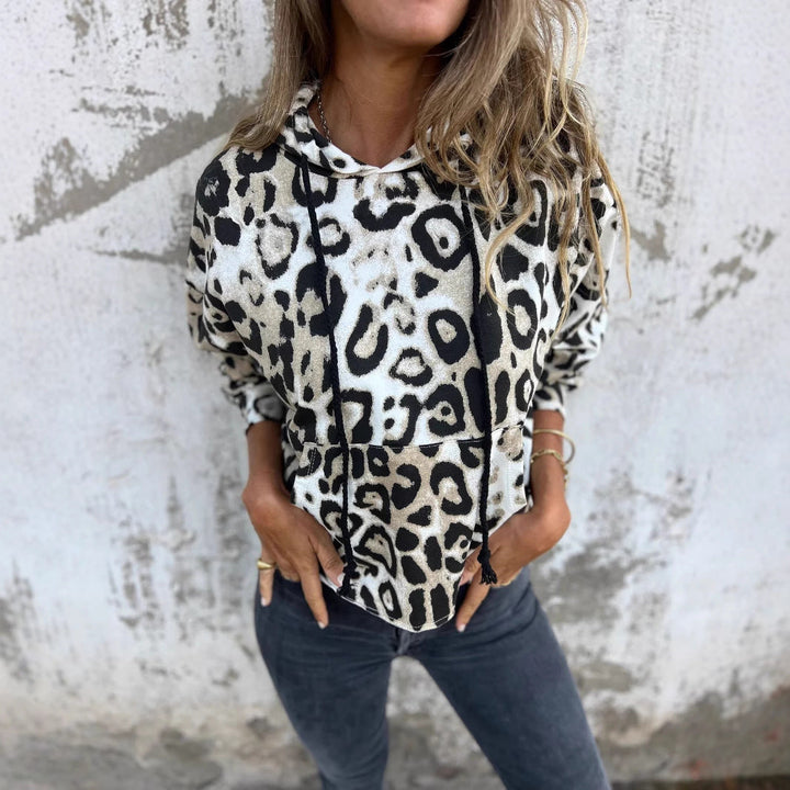 Damen Kapuzenpullover mit lässigem Leopardenmuster und praktischen Seitentaschen Drune