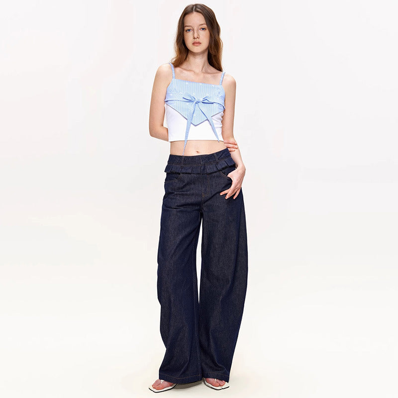 Damen weite Denim-Hose mit hoch geschnittenem Bund und modischen Falten Drune