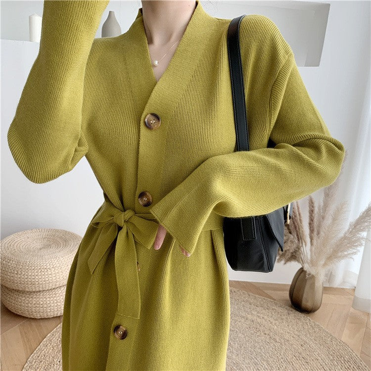 Damen Knielanges Strickkleid mit Knöpfen und Gürtel Drune