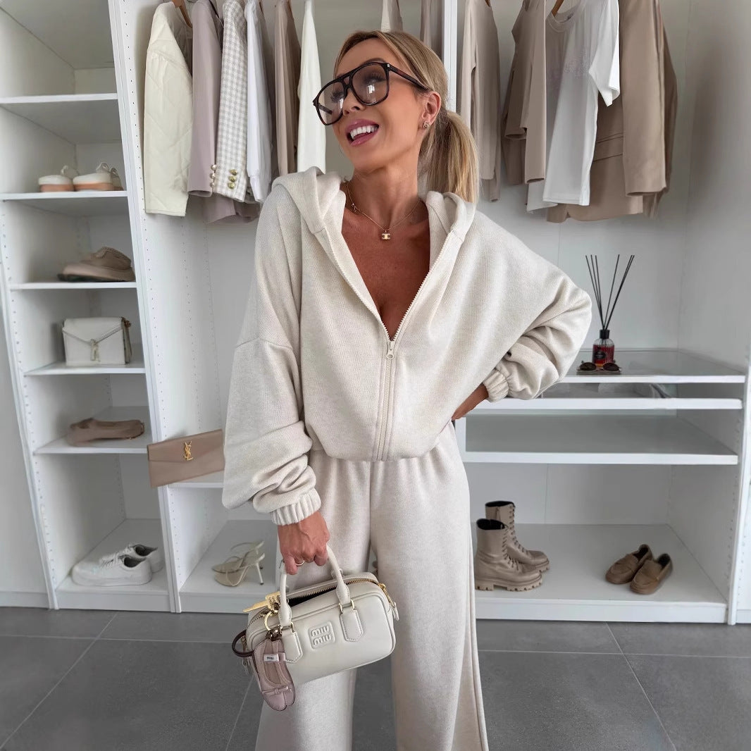 Damen Loungewear-Anzug aus weichem Fleece mit Kapuze und weitem Schnitt Drune