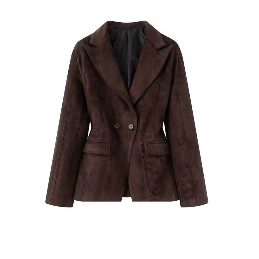 Damen Taillierter Veloursleder-Blazer mit Reverskragen und Pattentaschen Drune