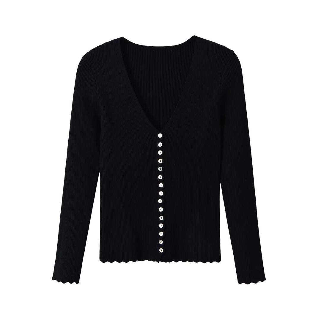 Damen Gerippter Knopfcardigan mit tiefem V-Ausschnitt und Wellensaum Drune