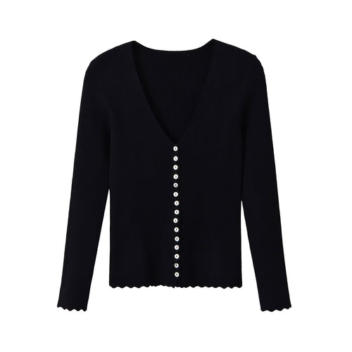 Damen Gerippter Knopfcardigan mit tiefem V-Ausschnitt und Wellensaum Drune