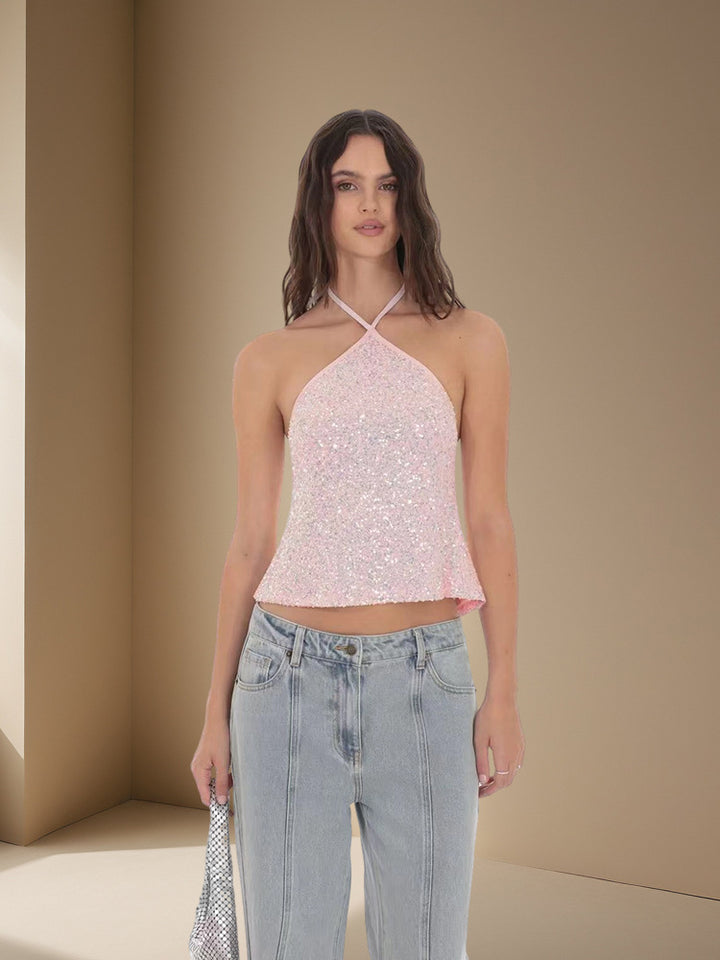 Damen Glitzerndes Crop-Top mit schmalen Trägern und asymmetrischem Design Drune