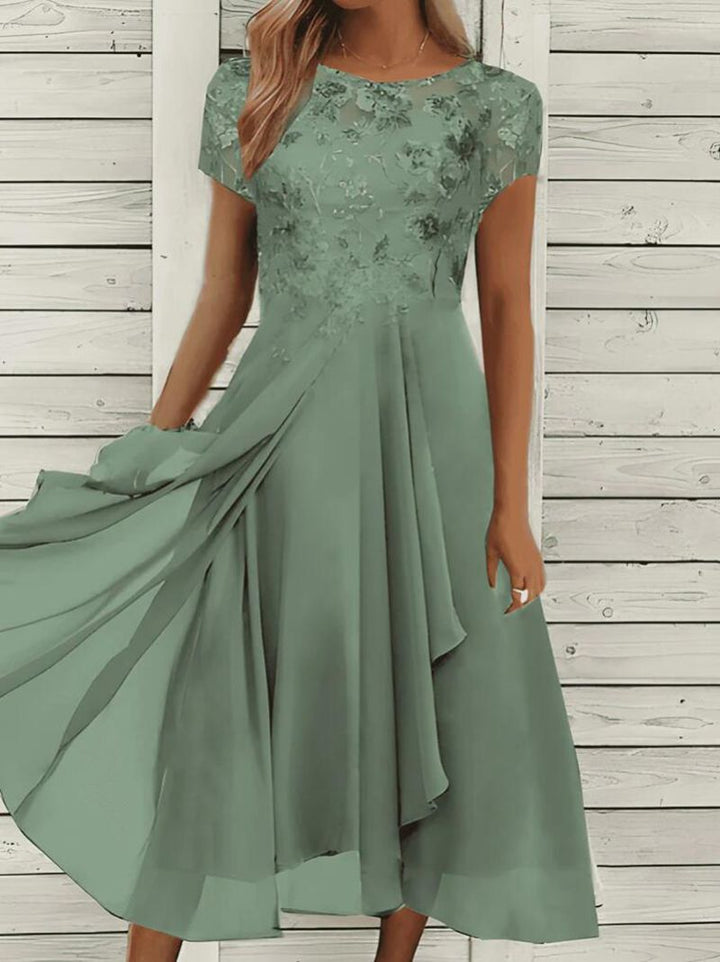 Damen nan elegantes Chiffon-Midikleid mit floraler Spitzenapplikation und fließendem Tellerrock Drune