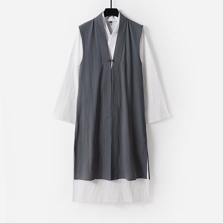 Damen Langer ärmelloser Kimono-Weste mit minimalistischer Linienführung und dekorativem Knebelverschluss Drune