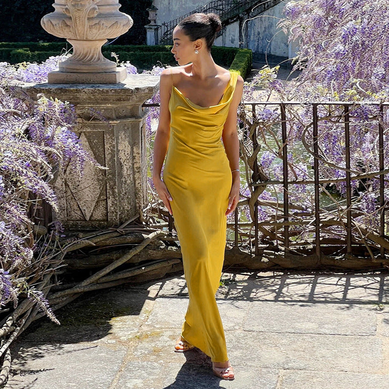 Damen Maxikleid mit schickem Wasserfallausschnitt und fließendem Satin-Stoff Drune