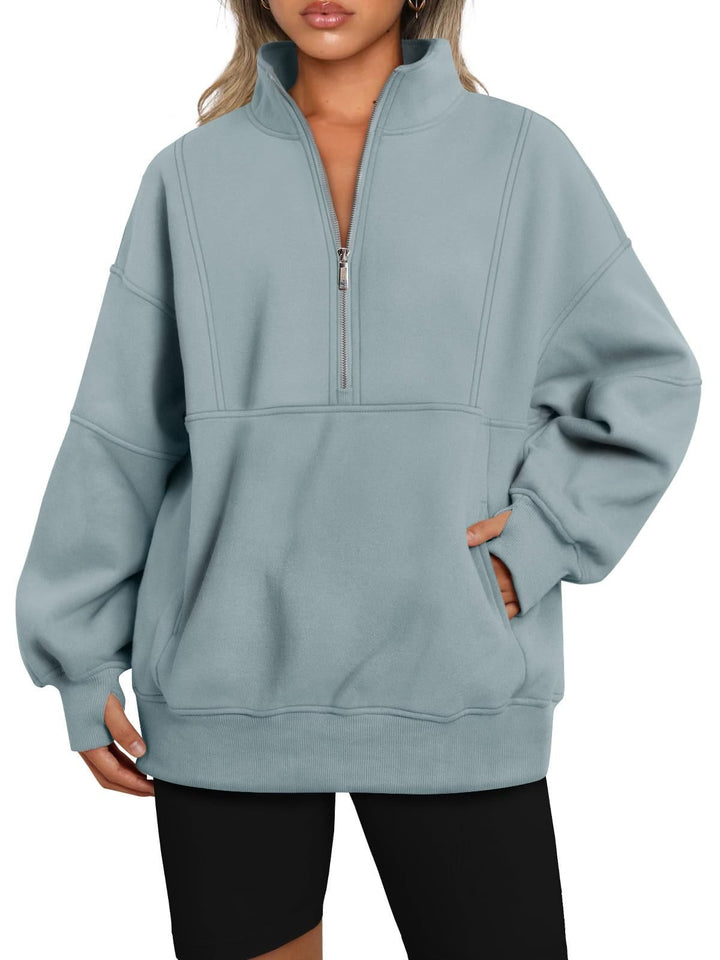 Damen Oversize-Sweatshirt mit halbem Reißverschluss, Stehkragen und Kängurutasche Drune