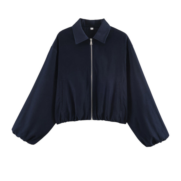 Damen Gepunktete Cropped-Bomberjacke im Retro-Look mit Hemdkragen und elastischem Saum Drune