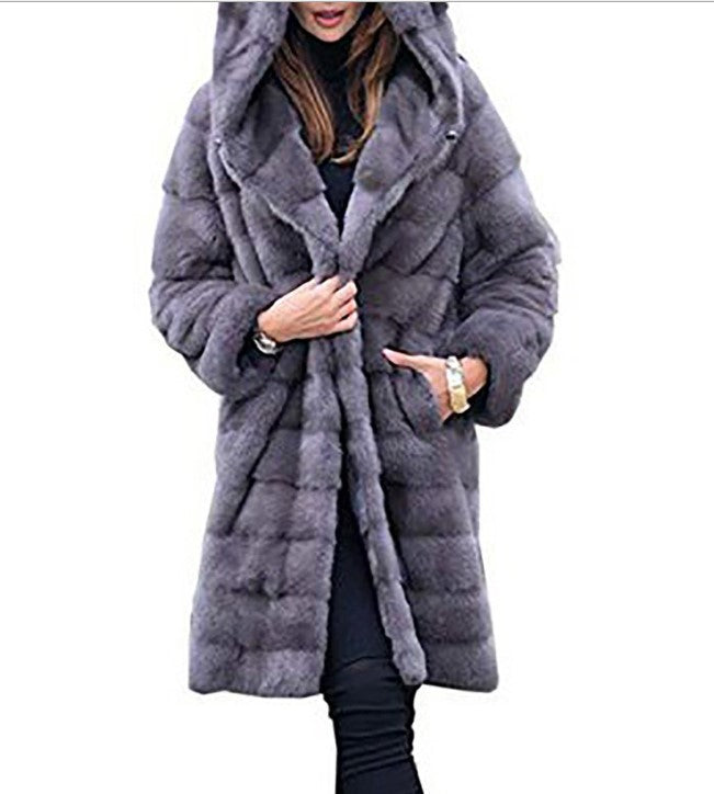 Damen nan oversized Kunstfellmantel mit Kapuze und gestepptem Paneldesign Drune