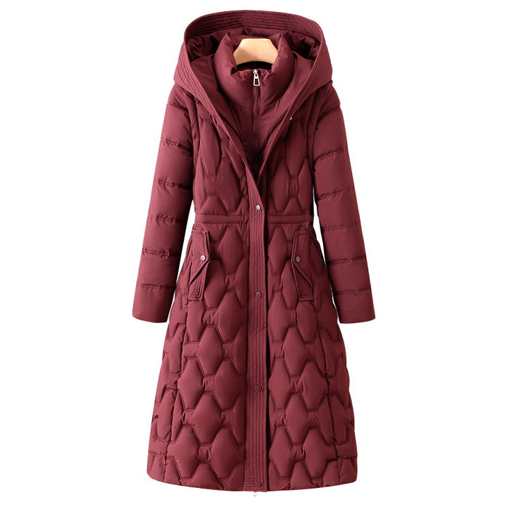 Damen nan langer gesteppter Wintermantel mit Kapuze und taillierter Silhouette Drune