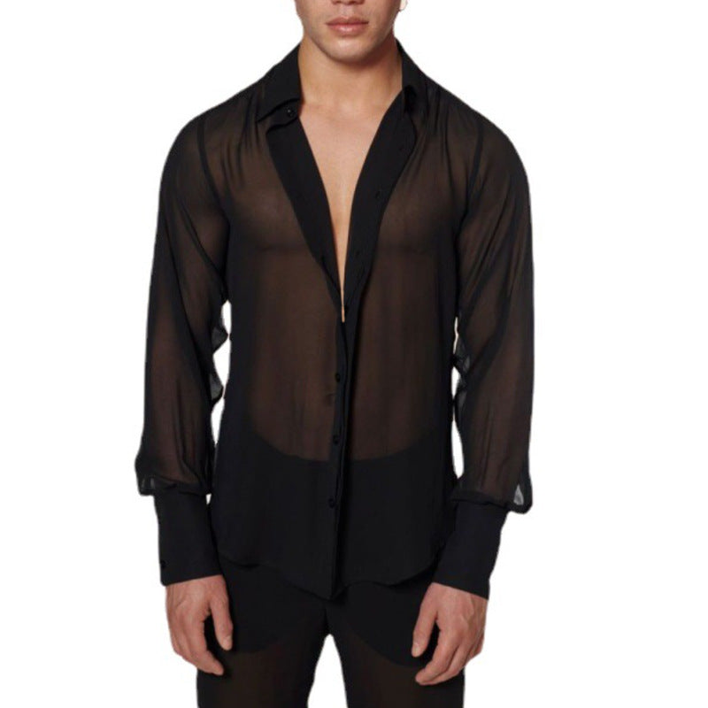 Damen nan semi-transparente Langarm-Chiffonbluse mit Hemdkragen und breiten Manschetten Drune