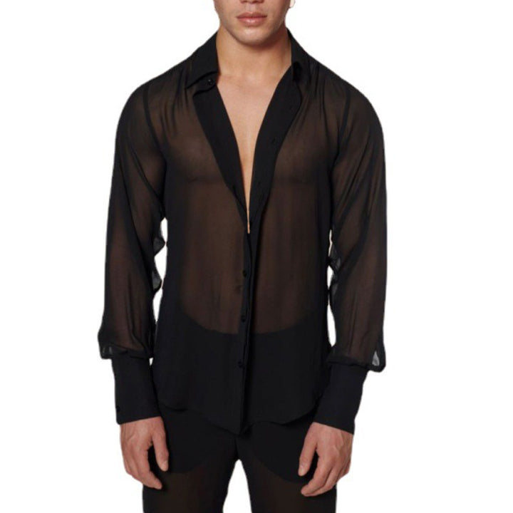 Damen nan semi-transparente Langarm-Chiffonbluse mit Hemdkragen und breiten Manschetten Drune