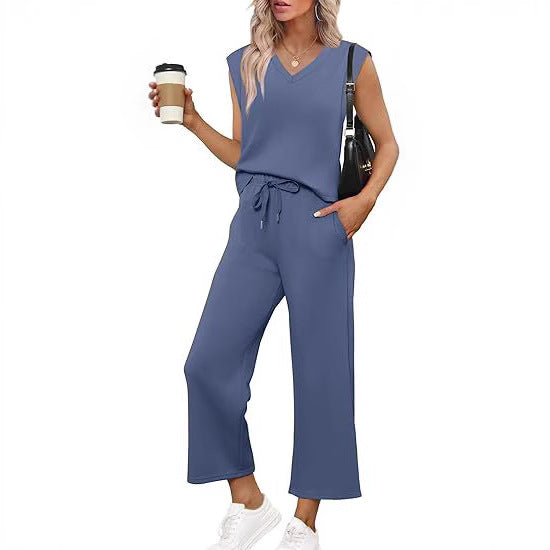 Damen Lässiges Zweiteiliges Lounge-Set mit Ärmellosem V-Neck-Top und Weiten Kordelbund-Hosen Drune