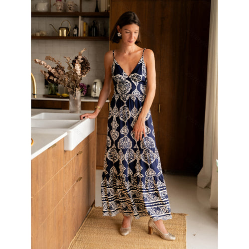 Damen Maxikleid mit tiefem V-Ausschnitt und verspieltem Muster Drune