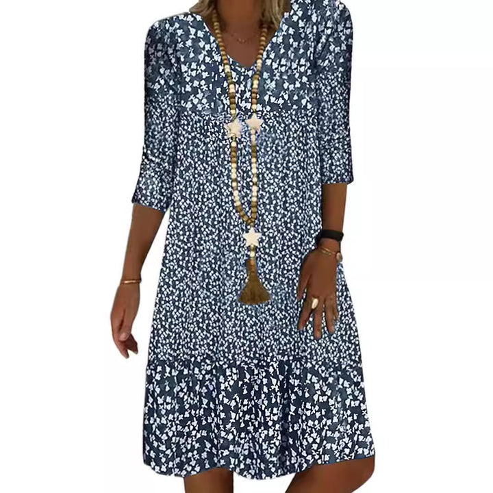 Damen Lockeres Midi-Kleid im Boho-Stil mit V-Ausschnitt, Dreiviertelärmeln und gestuftem Saum Drune