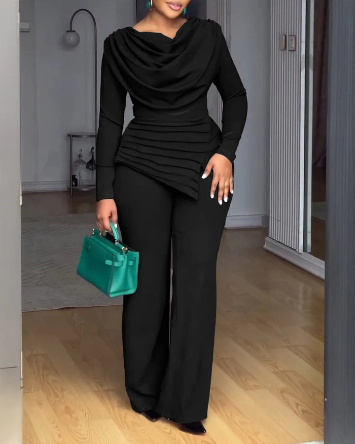 Damen Zweiteiliges Ensemble mit Wasserfall-Drapé-Oberteil, abgestuftem Peplum und gerader Bundfalten-Hose Drune