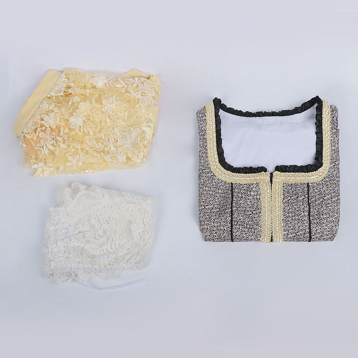 Damen nan Bouclé Top mit quadratischem Ausschnitt Goldborte und Rüschenkante Drune