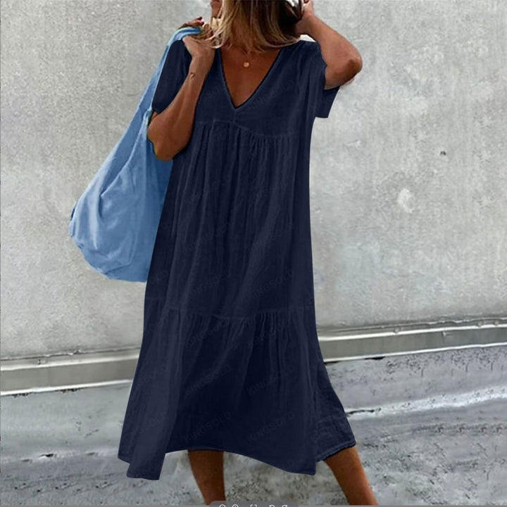 Damen Maxikleid mit modernem V-Ausschnitt und femininer Lockere Passform Drune