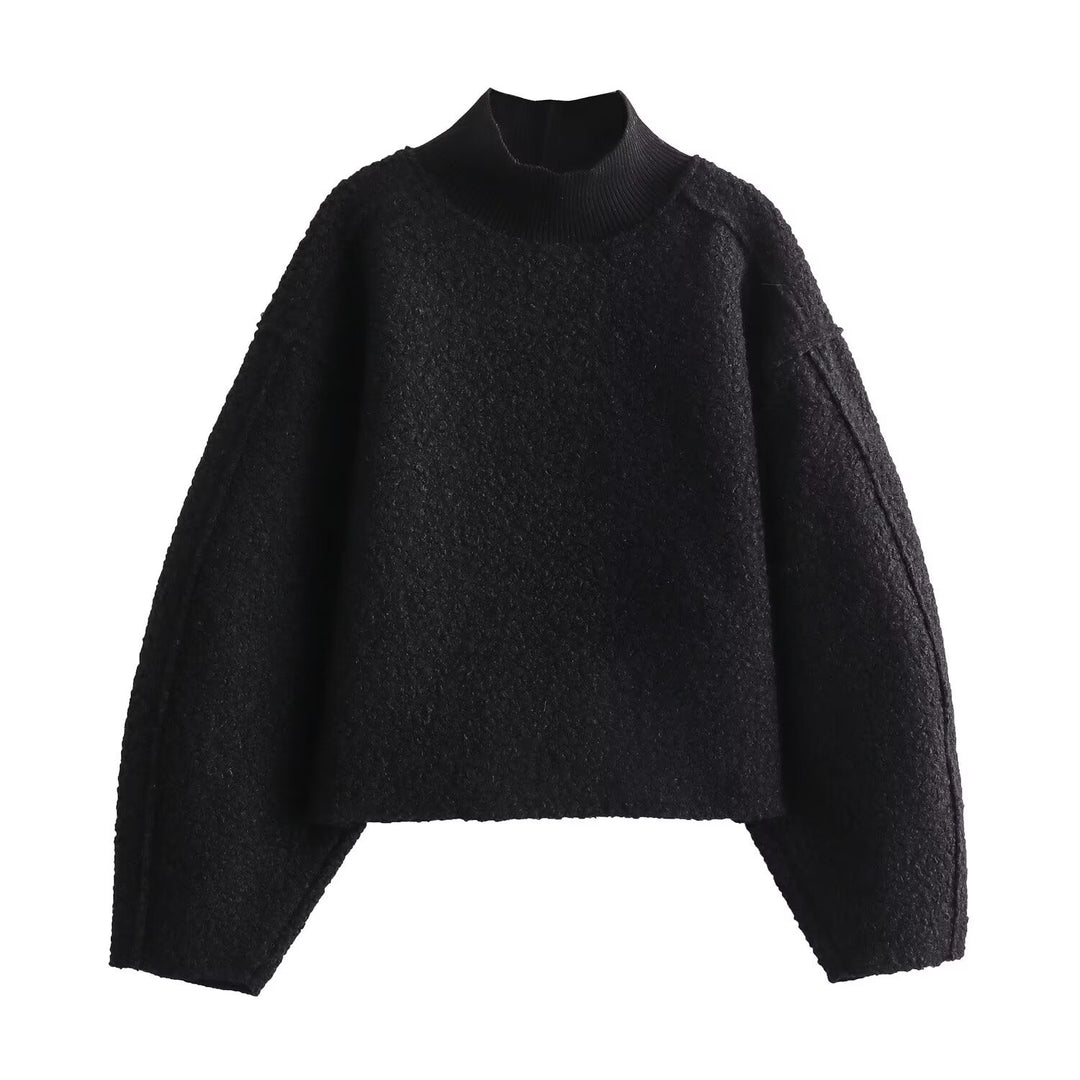 Damen Oversize Cropped Pullover mit Stehkragen und Ballonärmeln Drune