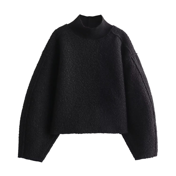 Damen Oversize Cropped Pullover mit Stehkragen und Ballonärmeln Drune