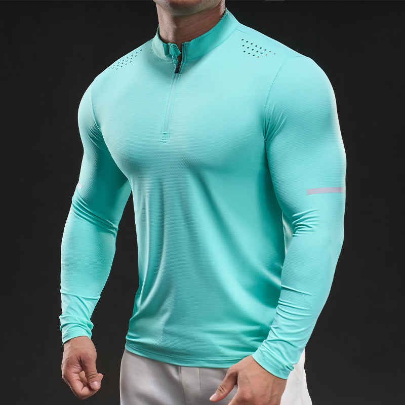 Herren Atmungsaktives Longsleeve Trainingsshirt mit Stehkragen und Kurz-Reißverschluss Drune