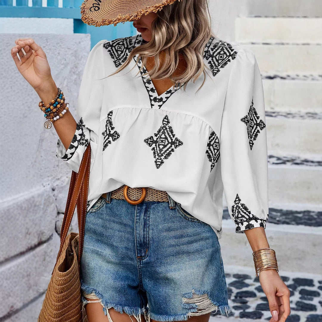 Damen Locker geschnittene Boho‑Bluse mit V‑Ausschnitt, geraffter Brustnaht und dreiviertelärmeln Drune