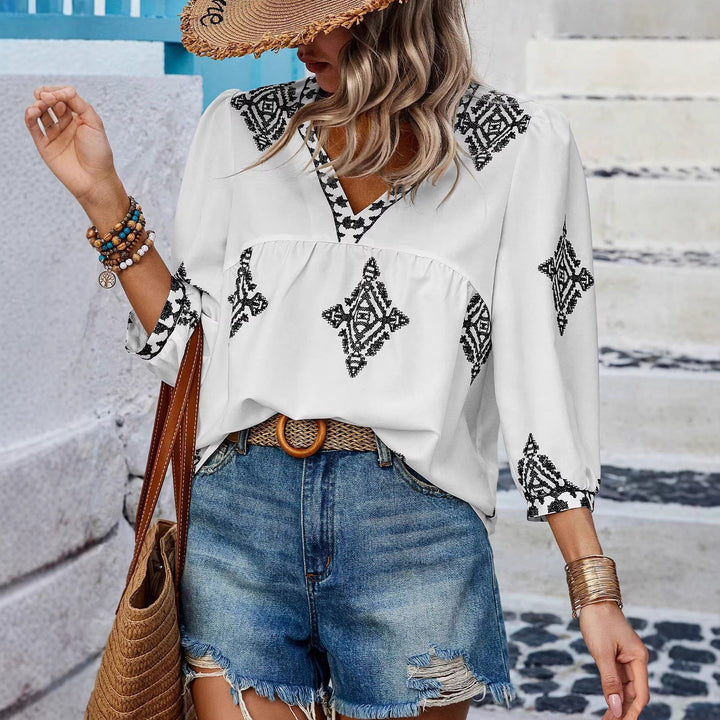 Damen Locker geschnittene Boho‑Bluse mit V‑Ausschnitt, geraffter Brustnaht und dreiviertelärmeln Drune