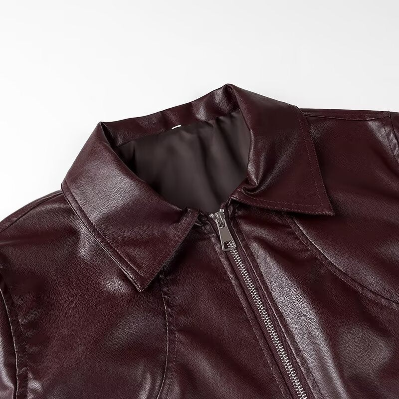 Damen modische Kunstlederjacke im Vintage-Stil mit Stehkragen Drune