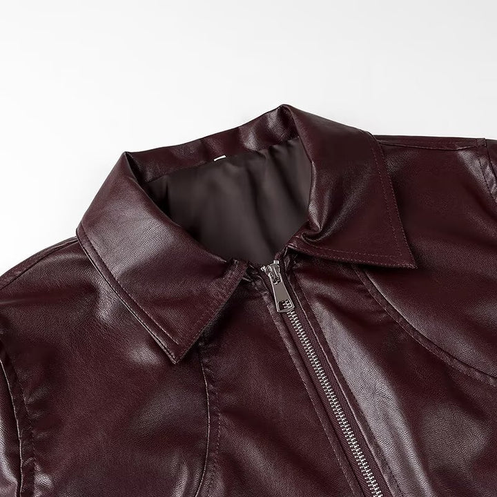Damen modische Kunstlederjacke im Vintage-Stil mit Stehkragen Drune
