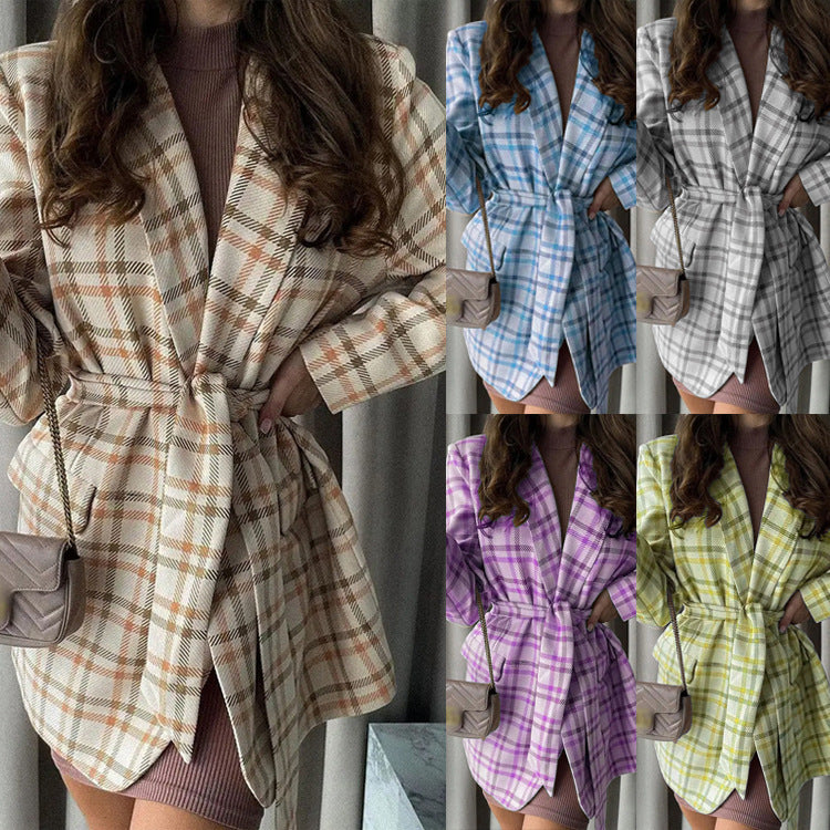 Damen Oversize karierter Mantelblazer mit Taillengürtel und aufgesetzten Taschen Drune