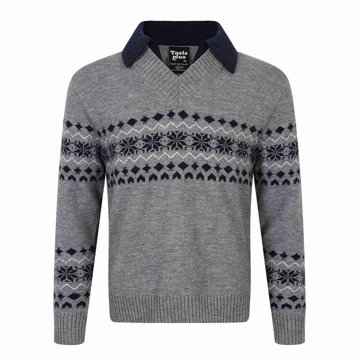 Herren Norweger-Strickpullover mit V‑Ausschnitt und kontrastierendem Hemdkragen Drune