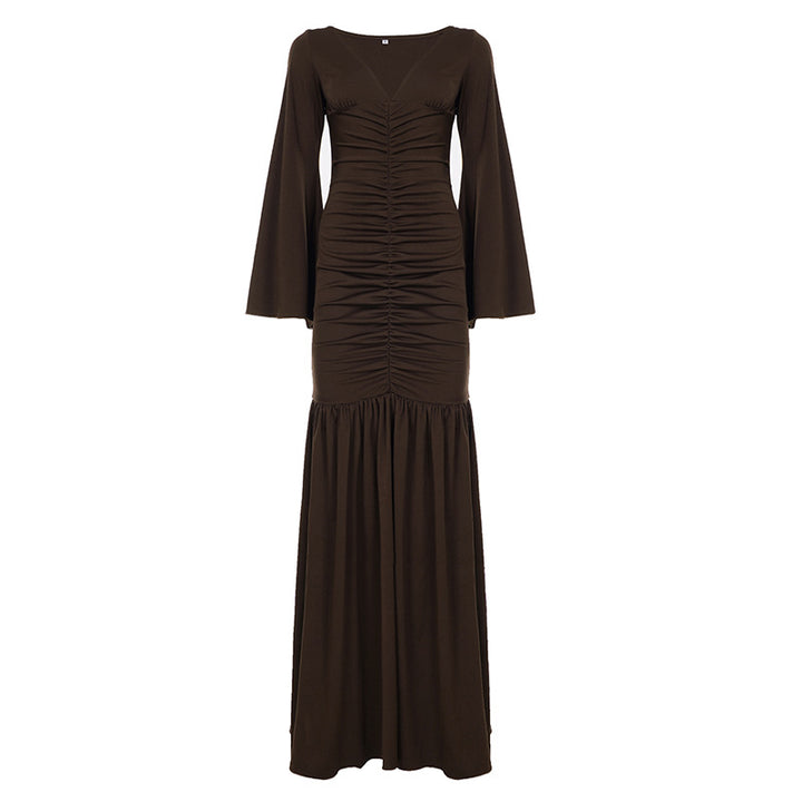 Damen nan gerafftes Maxikleid mit V-Ausschnitt, Trompetenärmeln und Stufenrüsche Drune