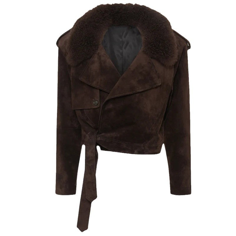 Damen Modische Wildlederjacke mit kuscheligem Kragen Drune