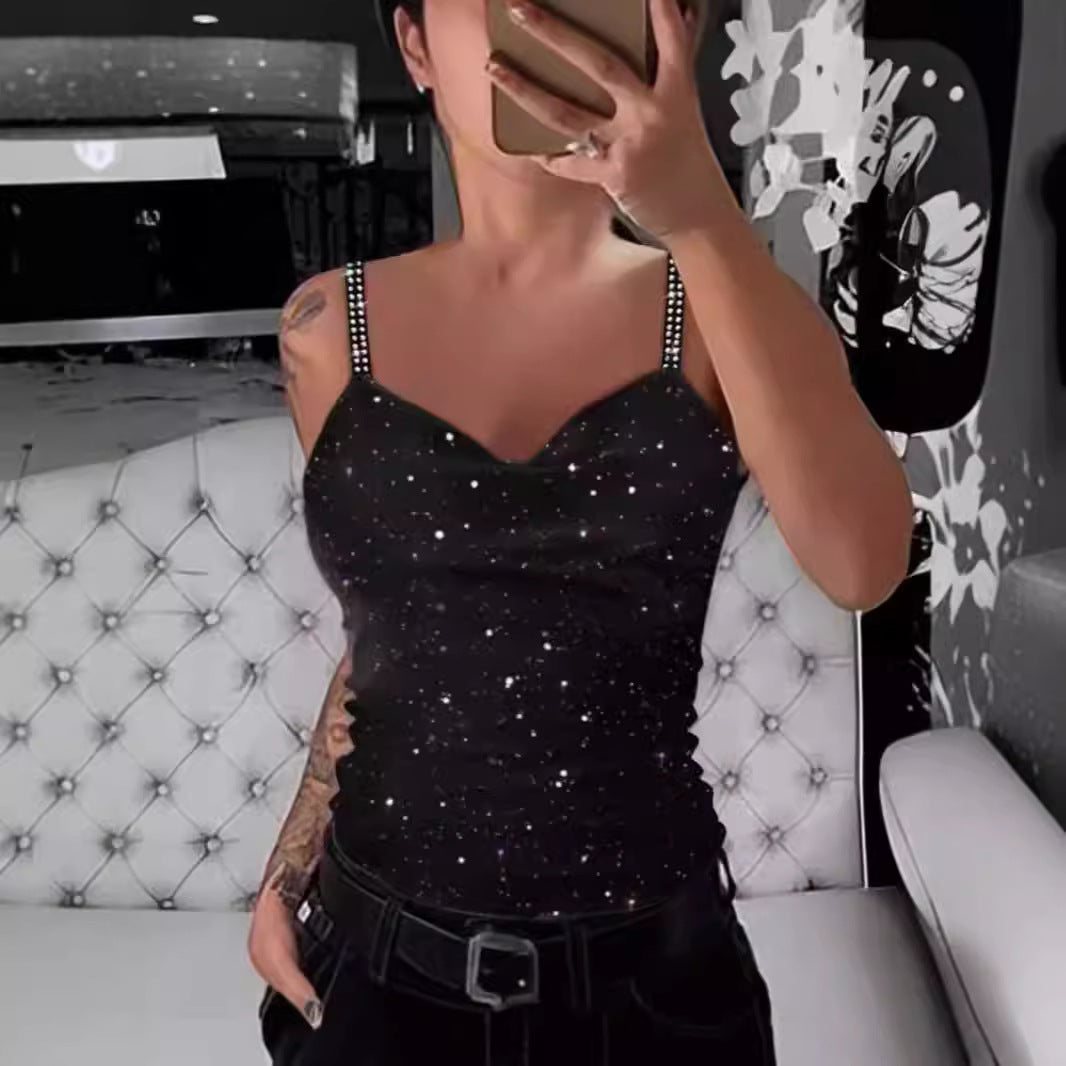 Damen Elegante Spaghetti-Träger Top mit Glitzer-Details Drune