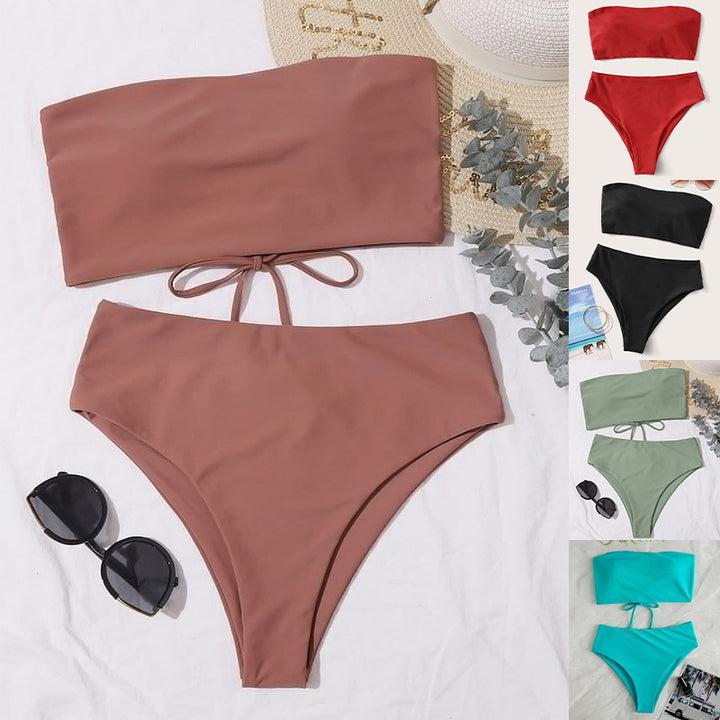 Damen Bandeau-Bikini-Set mit hohem Taillenslip und verstellbaren Trägern Drune