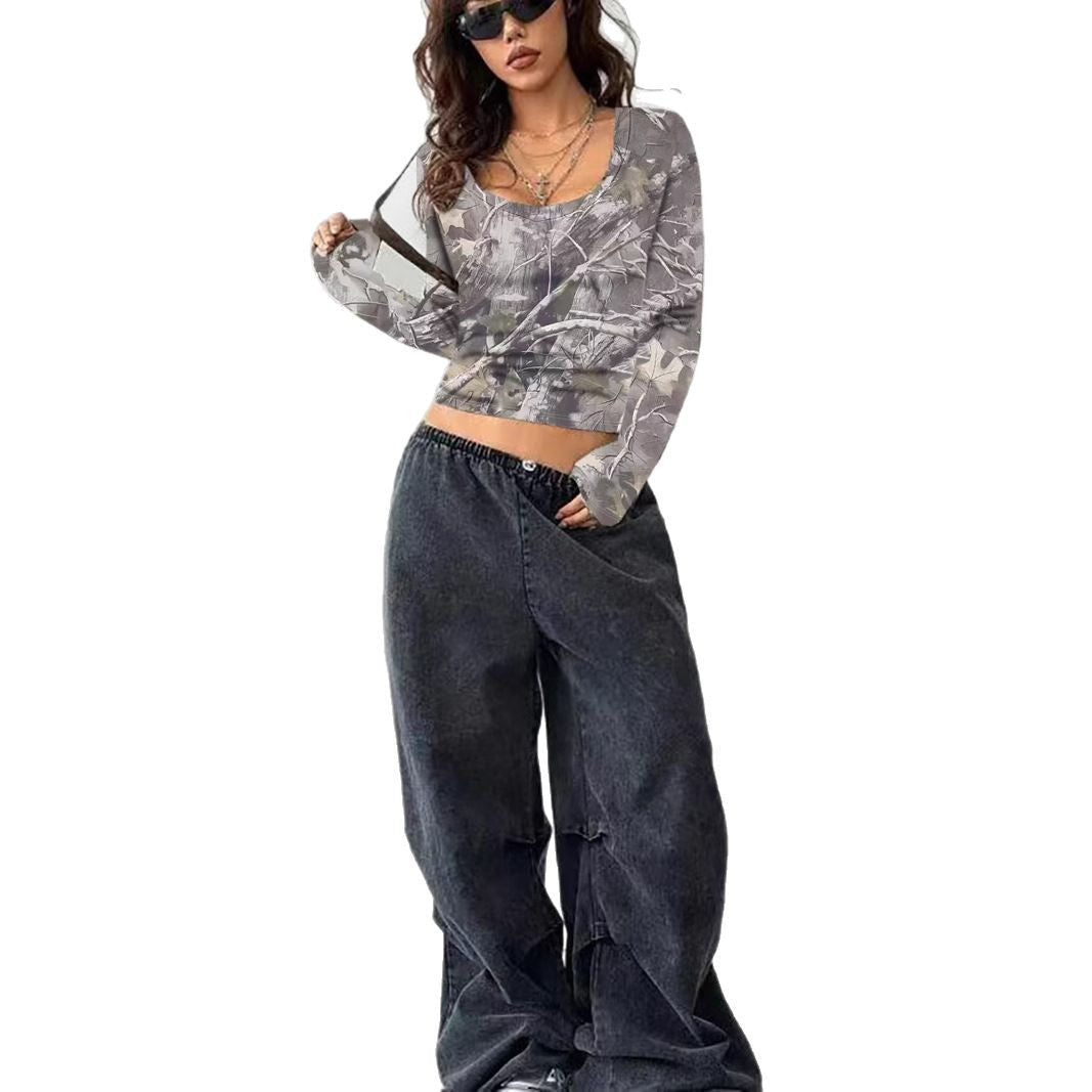 Damen Camouflage Langarmshirt mit V-Ausschnitt und modernen Details Drune