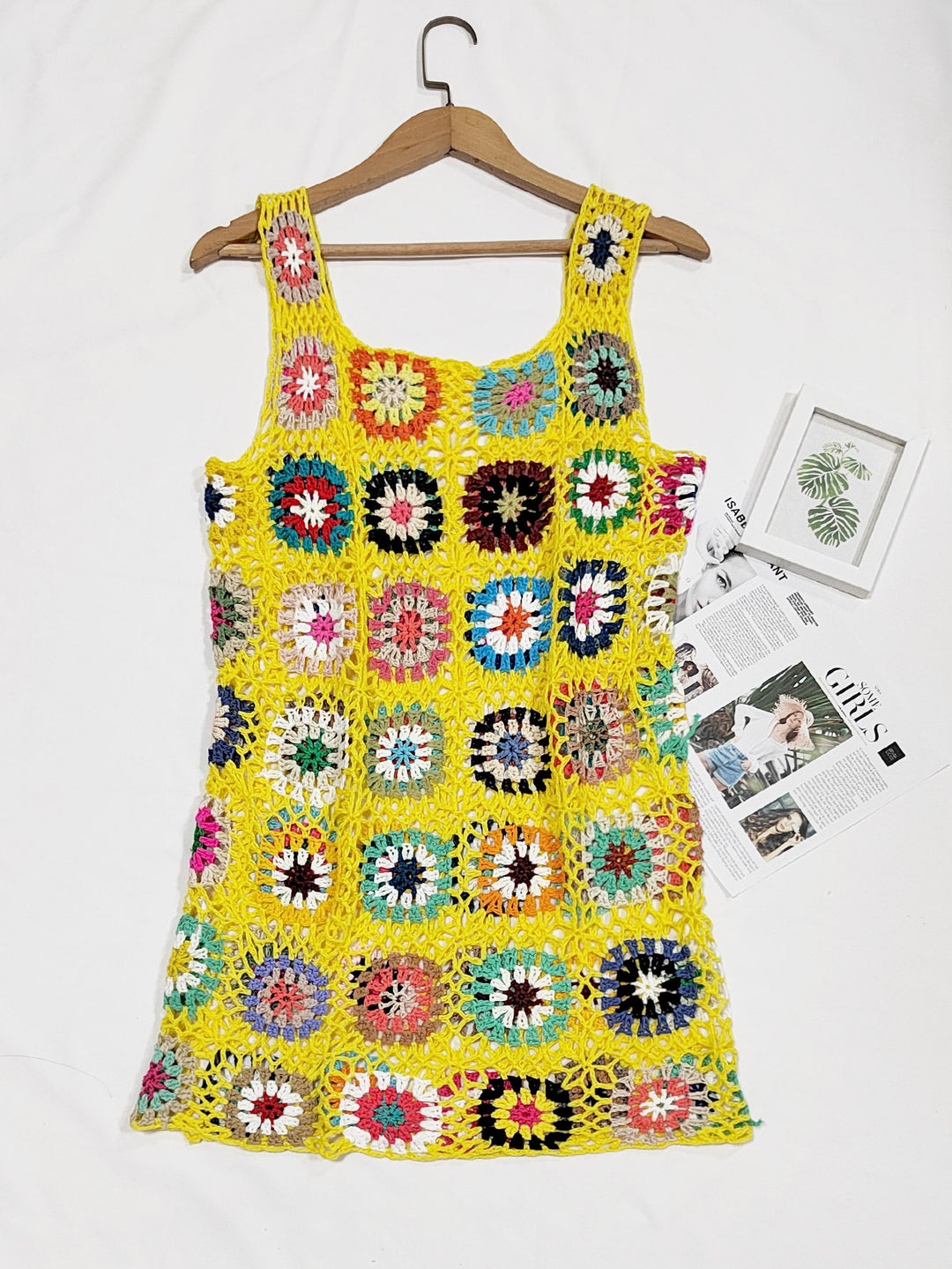 Damen luftiges Häkelkleid mit buntem Granny-Quadrat-Muster Drune